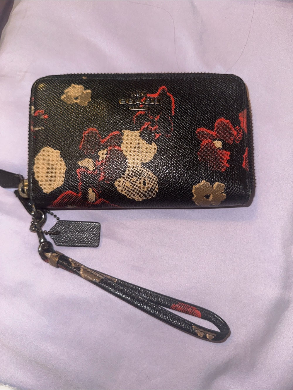 Coach Black Floral Zip-Around Wristlet Wallet with Red & Beige Flowers